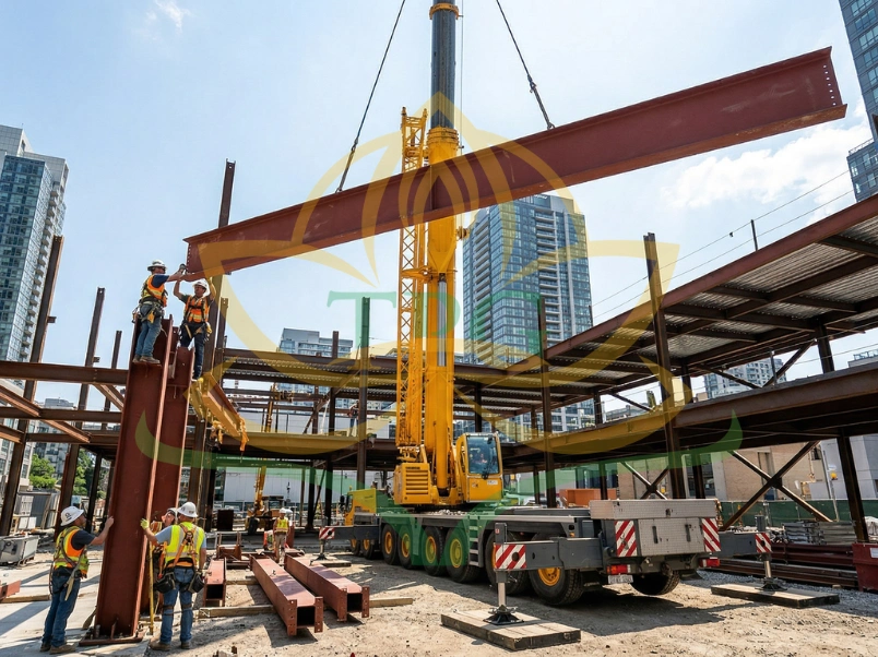 Ung dung xe cau banh lop trong giai doan lap dat khung thep va ket cau chinh