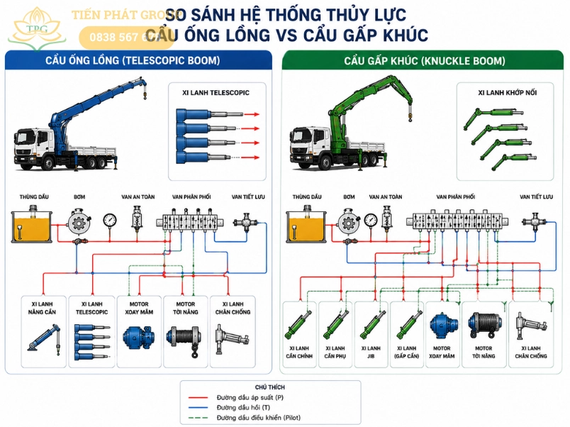 Hệ thống thủy lực xe cẩu: Cấu tạo, nguyên lý và các lỗi thường gặp 4 Su khac biet ve he thong thuy luc giua cau ong long va cau gap khuc